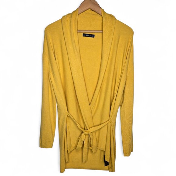Zara Knit Tie Front Cardigan Sweater Women's Yellow Rolled Shawl Collar Ribbed M - Picture 1 of 4